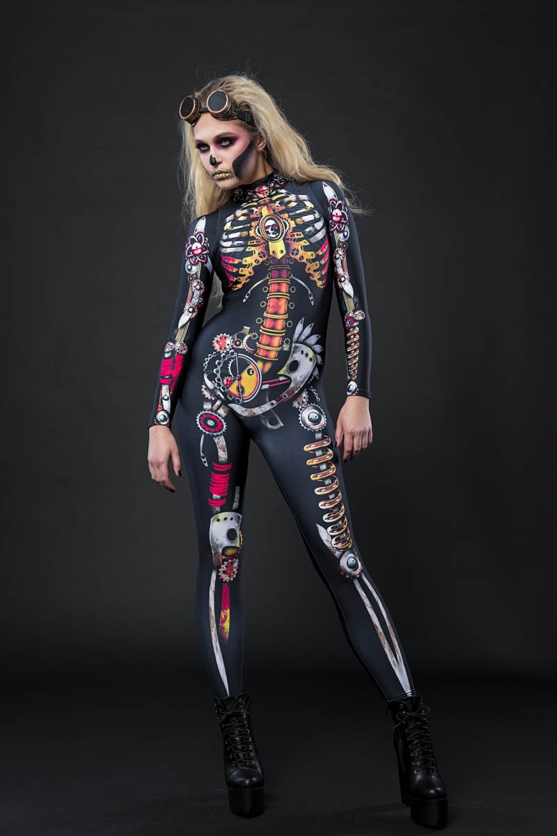 Close-up of the detailed steampunk-inspired skeleton and mechanical design on the catsuit, ideal for a unique Halloween or steampunk festival look.