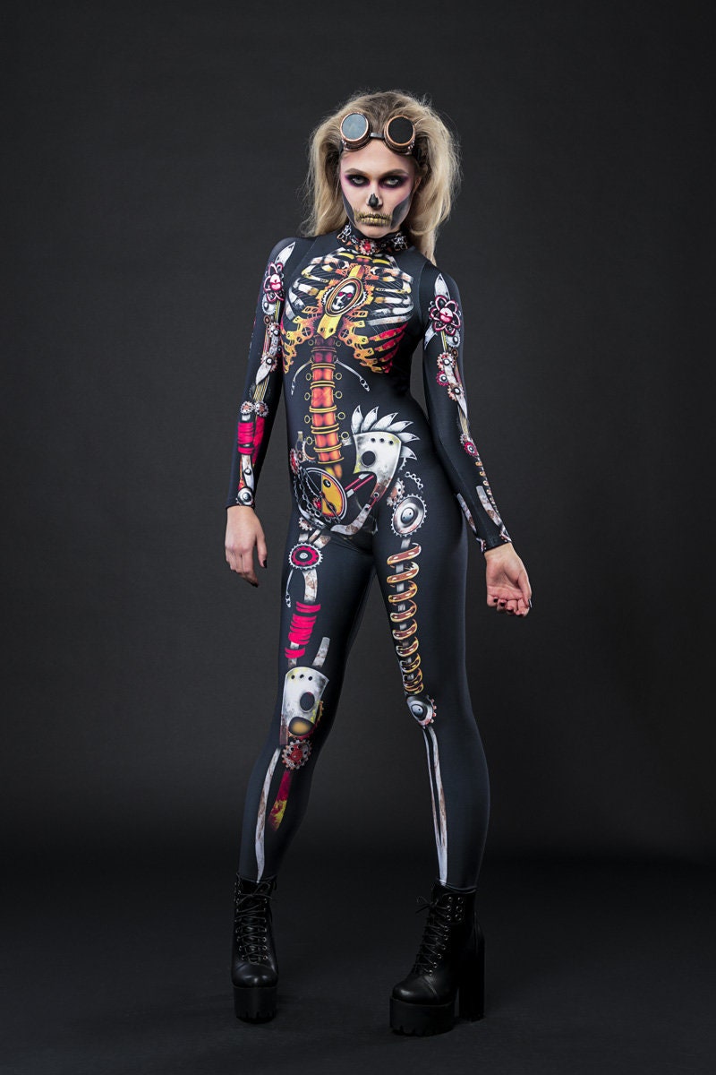 Steampunk Skeleton Halloween costume for women, featuring a full-body skeleton catsuit with steampunk mechanics design, perfect for Halloween or cosplay events.