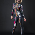 Steampunk Skeleton Halloween costume for women, featuring a full-body skeleton catsuit with steampunk mechanics design, perfect for Halloween or cosplay events.