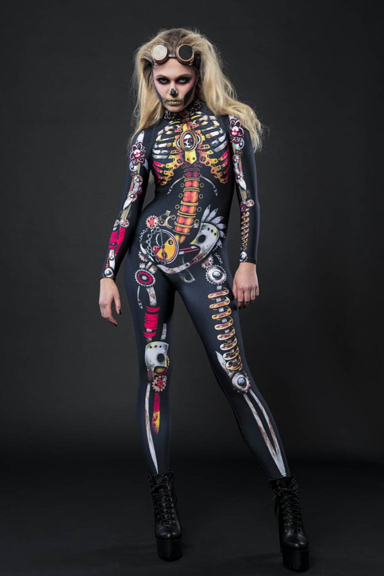 Steampunk Skeleton Halloween costume for women, featuring a full-body skeleton catsuit with steampunk mechanics design, perfect for Halloween or cosplay events.