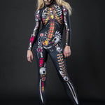 Steampunk Skeleton Halloween costume for women, featuring a full-body skeleton catsuit with steampunk mechanics design, perfect for Halloween or cosplay events.