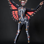 Lady Butterfly Skeleton Halloween costume for women, featuring a full-body skeleton suit with butterfly accents and wings, perfect for Day of the Dead or Halloween celebrations.