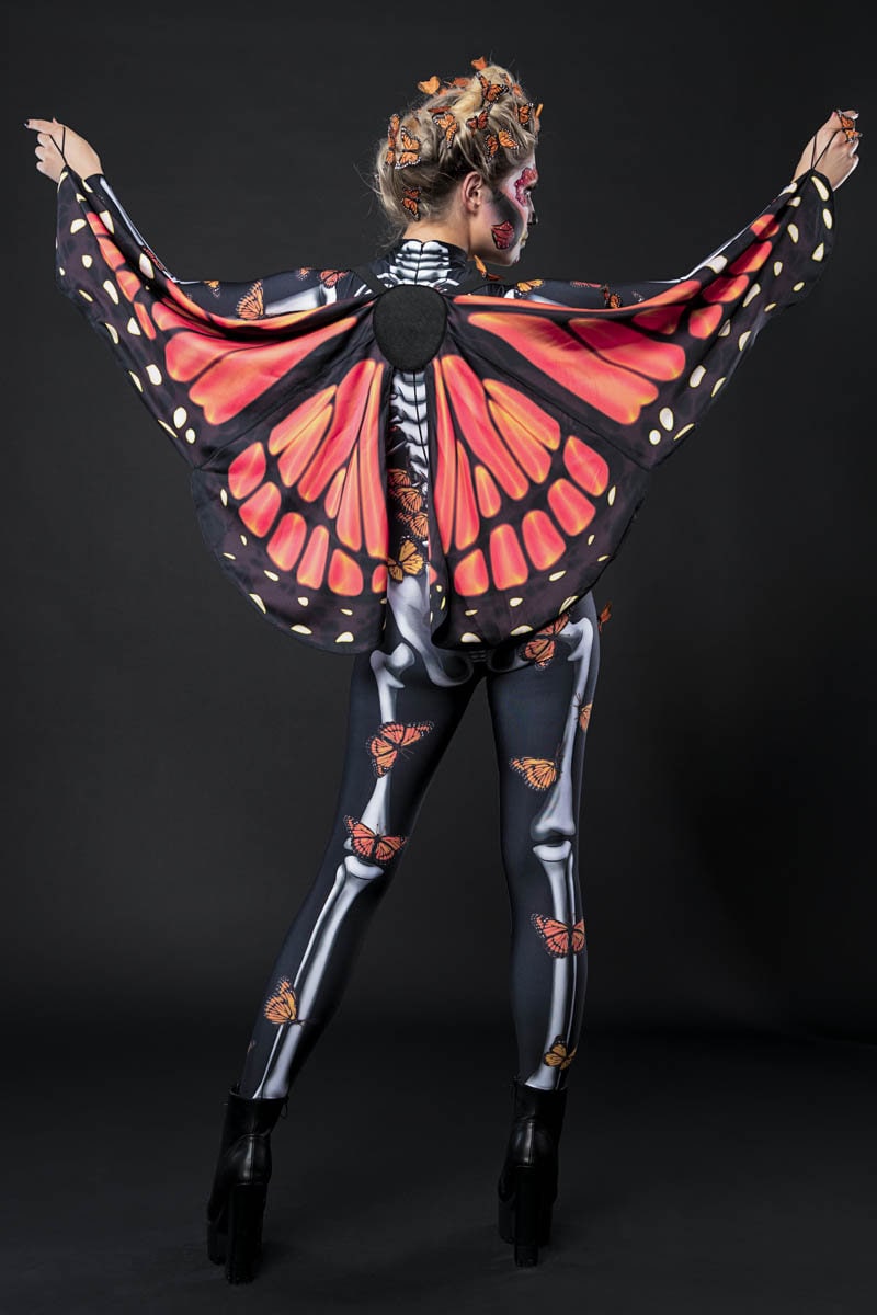 Close-up of the butterfly wings and skeleton design on the Lady Butterfly costume, featuring intricate details, ideal for Halloween or festival fashion.