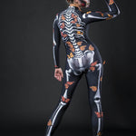 Woman posing in the Lady Butterfly Skeleton costume, showcasing vibrant butterfly wings and a skeleton theme, perfect for Halloween or as a standout festival outfit.