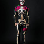 Man posing in Mr. Death skeleton costume, demonstrating the detailed skeletal design and comfortable fit, perfect for Halloween or cosplay.