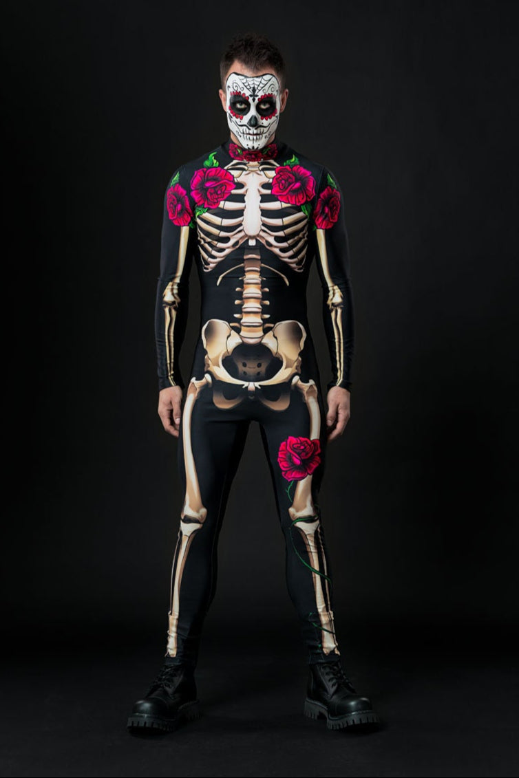 Mr. Death Halloween costume for men, full-body skeleton suit, perfect for Day of the Dead or Halloween celebrations.