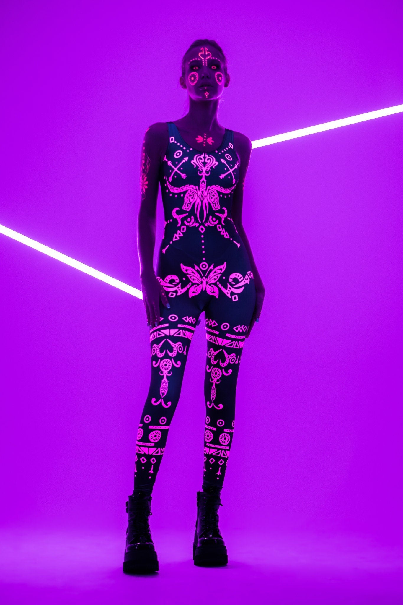 PINK TRIBAL UV light Catsuit & Kimono set