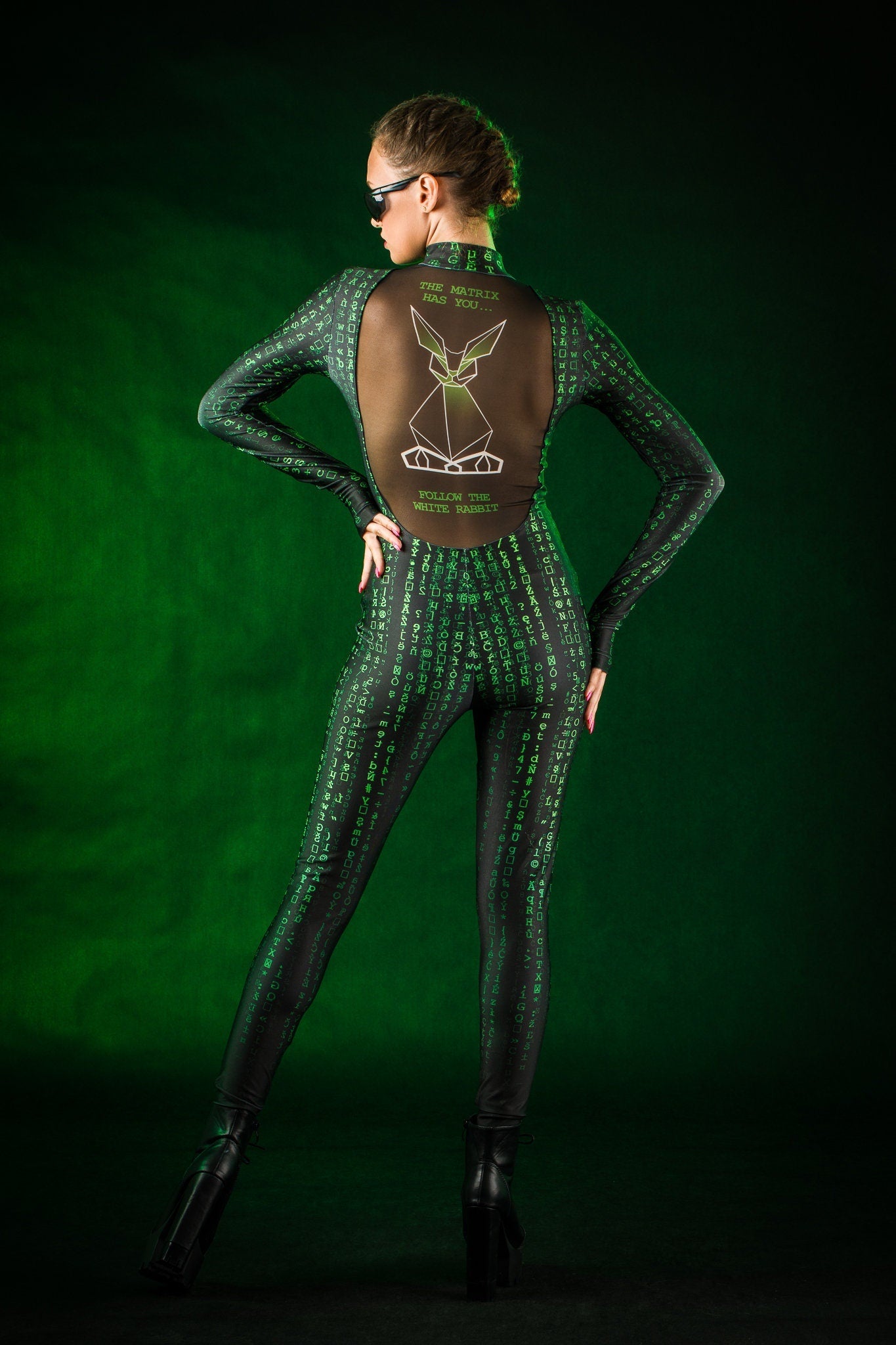 Close-up of the intricate tattoo effect on the back of the Matrix jumpsuit, featuring designs inspired by the Matrix and White Rabbit theme, ideal for Halloween or festivals.