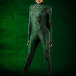 Woman posing in the Matrix Halloween costume, highlighting the sleek black jumpsuit with tattoo details and White Rabbit theme, perfect for Halloween or as a unique cosplay outfit.