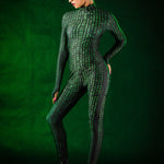 Matrix Halloween costume for women, featuring a black jumpsuit with tattoo effect on the back, inspired by the White Rabbit and Matrix themes, perfect for Halloween or cosplay events.