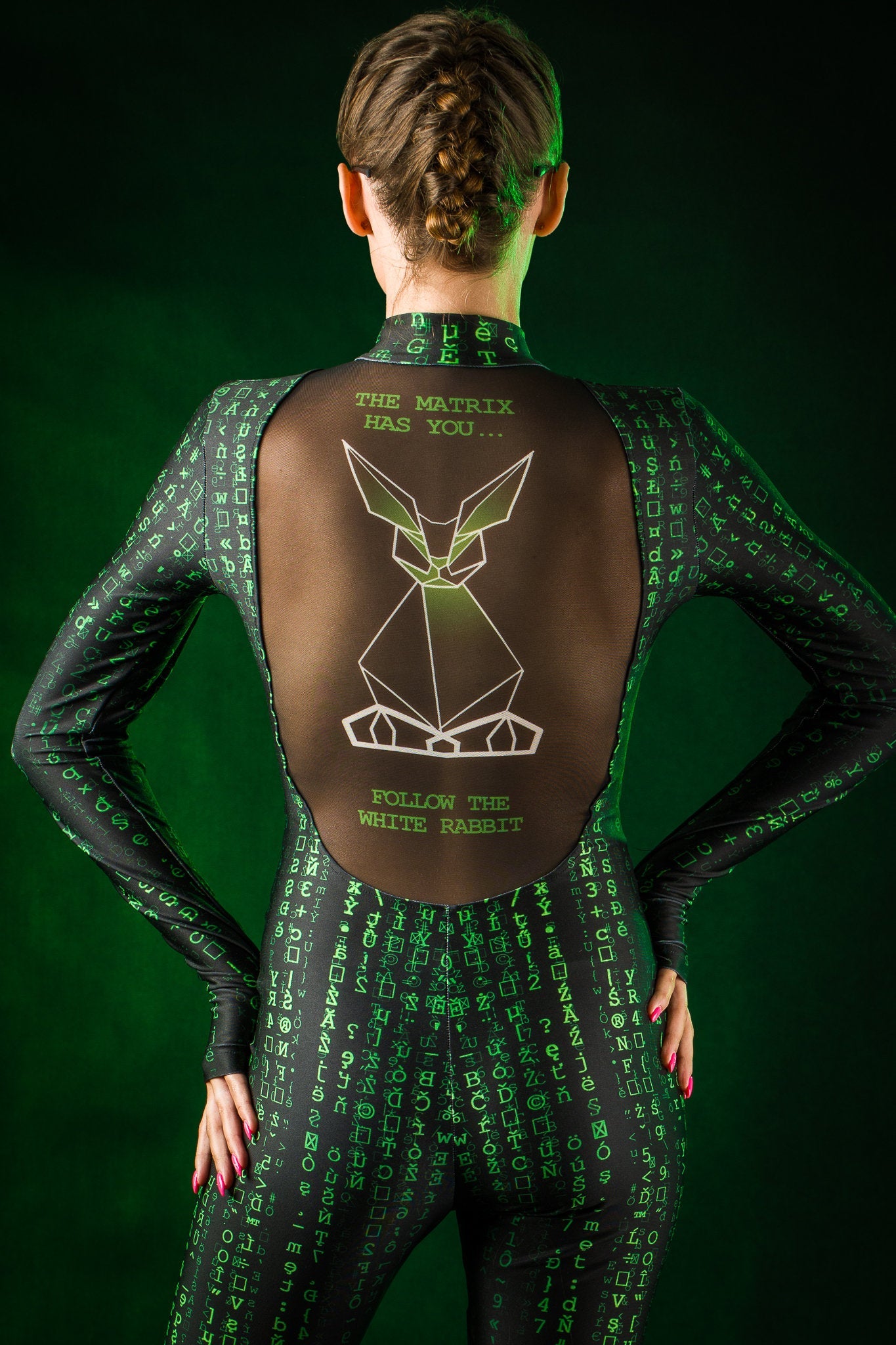 Close-up of the intricate tattoo effect on the back of the Matrix jumpsuit, featuring designs inspired by the Matrix and White Rabbit theme, ideal for Halloween or festivals.