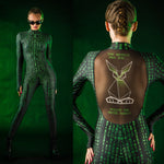 Woman wearing the Matrix-themed jumpsuit with tattoo effect on the back, perfect for Halloween parties, Matrix-themed events, or cosplay festivals.