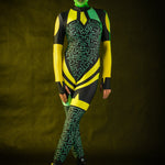 Green Alien Halloween costume for women, featuring a full-body jumpsuit with tattoo effect on the back, inspired by UFO and alien themes, perfect for Halloween or cosplay events.