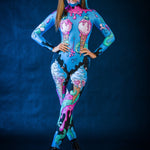 Sweet Ice Cream Skulls Halloween costume for women, featuring a full-body blue and pink skull design with ice cream accents, perfect for Halloween parties or cosplay events.