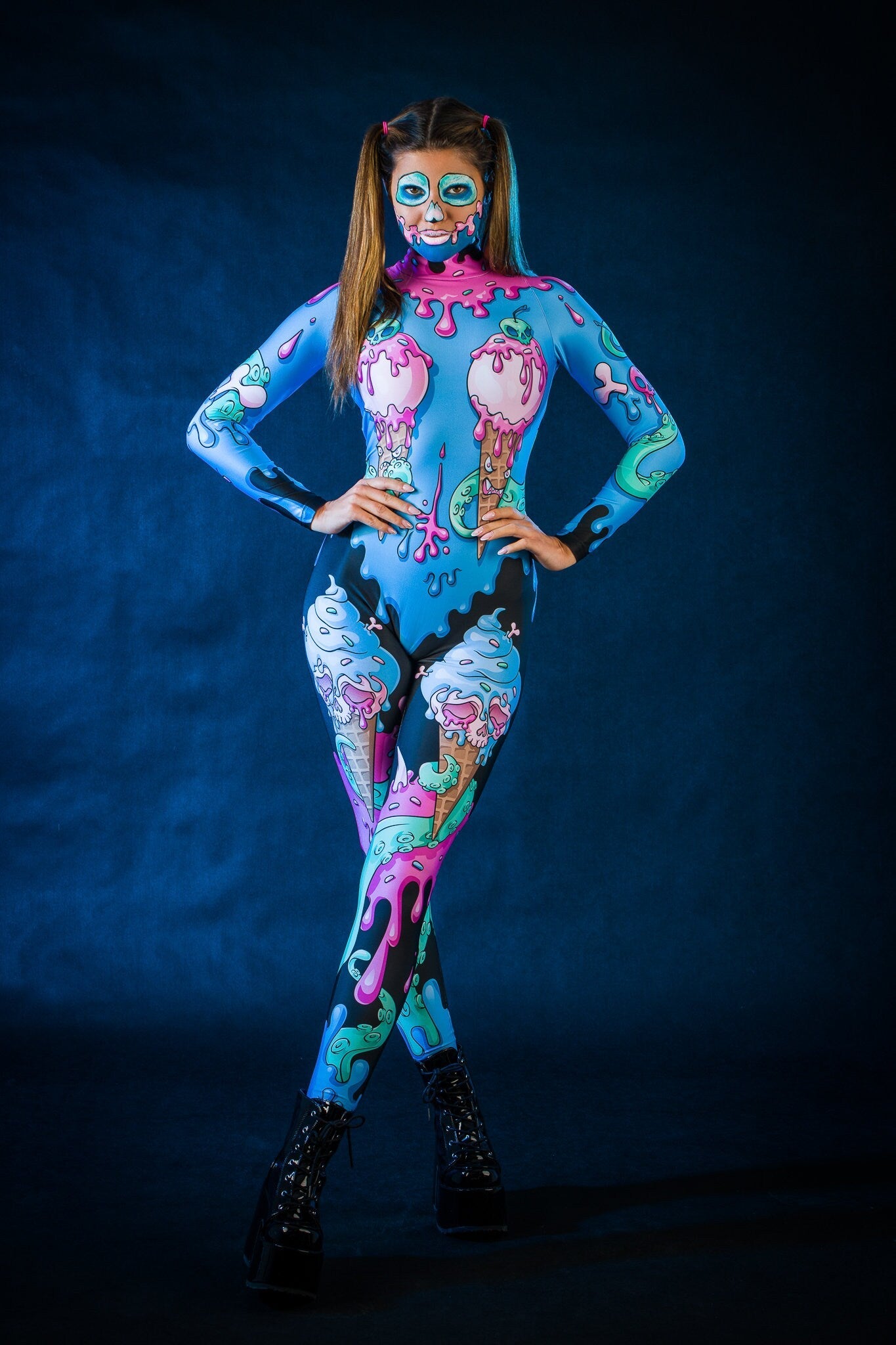 Sweet Ice Cream Skulls Halloween costume for women, featuring a full-body blue and pink skull design with ice cream accents, perfect for Halloween parties or cosplay events.