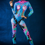 Woman wearing the Sweet Ice Cream Skulls costume, a full-body jumpsuit with colorful skulls and ice cream motifs, perfect for Halloween or cosplay festivals.