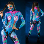 Woman posing in the Sweet Ice Cream Skulls Halloween costume, highlighting the vibrant pink and blue skull and ice cream design, great for Halloween or as a fun festival outfit.