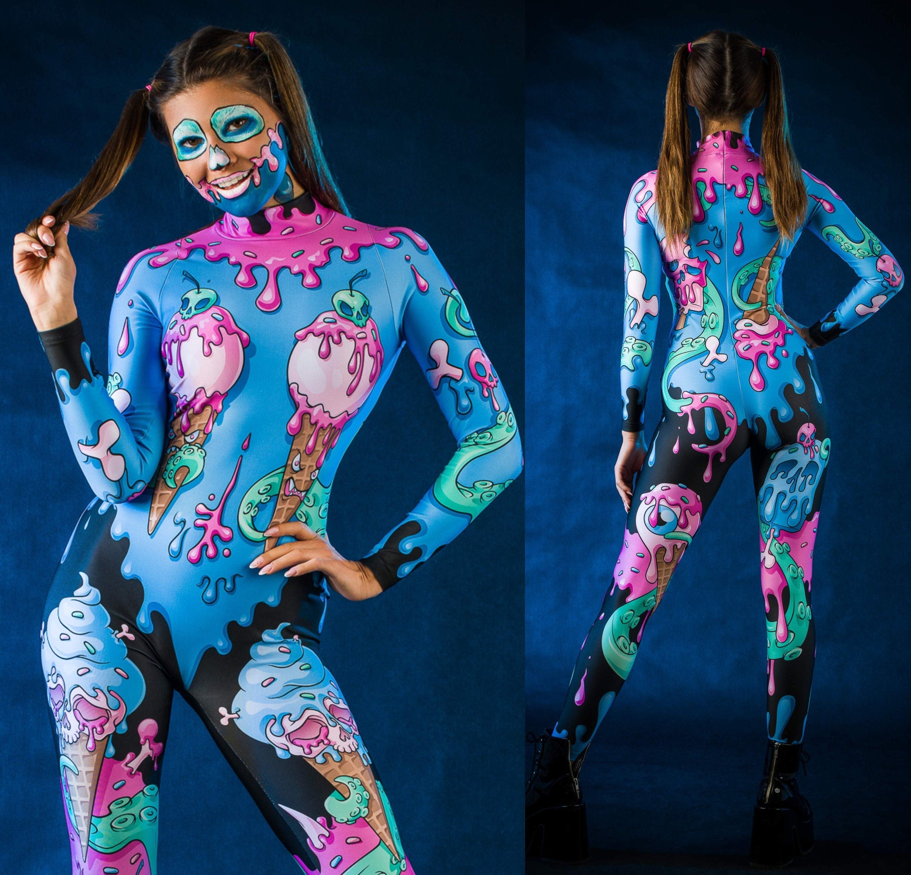 Woman posing in the Sweet Ice Cream Skulls Halloween costume, highlighting the vibrant pink and blue skull and ice cream design, great for Halloween or as a fun festival outfit.