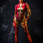 Red Gold Cyber Hero Halloween costume for women, featuring a full-body robotic design with cyberpunk and superhero elements, perfect for Halloween or cosplay events.