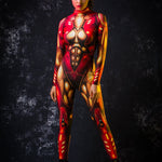 Red Gold Cyber Hero Halloween costume for women, featuring a full-body robotic design with cyberpunk and superhero elements, perfect for Halloween or cosplay events.