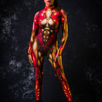 Red Gold Cyber Hero Halloween costume for women, featuring a full-body robotic design with cyberpunk and superhero elements, perfect for Halloween or cosplay events.