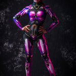 Violet Android Halloween costume for women, featuring a full-body robotic catsuit with cyberpunk elements, perfect for Halloween or sci-fi cosplay events.