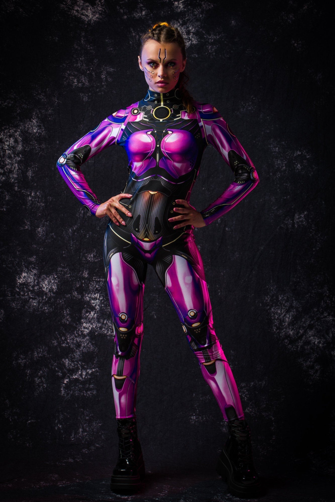 Violet Android Halloween costume for women, featuring a full-body robotic catsuit with cyberpunk elements, perfect for Halloween or sci-fi cosplay events.