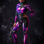 Woman wearing the Violet Android costume, a full-body robot-inspired catsuit with cyberpunk details, perfect for Halloween or tech-themed festivals.