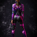 Close-up of the violet robotic and cyberpunk-inspired design on the full-body catsuit, ideal for a bold Halloween or futuristic festival look.