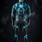 Close-up of the intricate cyber armor details on the Blue Cyber Hero costume, showcasing the bold blue and silver futuristic design.