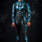 Blue Cyber Hero Halloween costume for men, featuring a futuristic Japanese-style design, perfect for cosplay or Halloween parties.