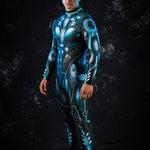 Man wearing the Blue Cyber Hero costume, full-body futuristic suit inspired by Japanese cyber warrior style, ideal for Halloween or cosplay events.