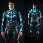 Man posing in the Blue Cyber Hero Halloween costume, highlighting the detailed cyber armor and sleek blue design, perfect for a standout Halloween look and festival.