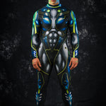 Green Cyber Hero Halloween costume for men, featuring a futuristic black and green cyborg design, ideal for Halloween parties or cosplay events.