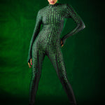 Matrix Halloween costume for women, featuring a black jumpsuit with tattoo effect on the back, inspired by the White Rabbit and Matrix themes, perfect for Halloween or cosplay events.