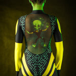 Close-up of the green alien design and tattoo effect on the back of the jumpsuit, ideal for a bold Halloween or UFO-themed festival look.