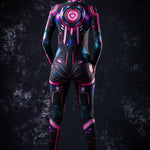 Woman wearing the Pink Cyber Hero costume, a full-body cyborg-inspired suit with futuristic details, perfect for Halloween parties or sci-fi cosplay.