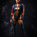 Graphite Gold Cyber Hero Halloween costume for women, featuring a futuristic cyborg design in graphite and gold, perfect for Halloween or cosplay events.