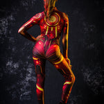 Close-up of the red and gold cyberpunk robotic design on the Cyber Hero costume, ideal for a bold Halloween or futuristic festival look.