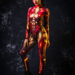 Woman wearing the Red Gold Cyber Hero costume, a full-body cyborg-inspired suit with gold accents, perfect for Halloween parties or sci-fi cosplay.