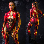 Woman posing in the Red Gold Cyber Hero Halloween costume, highlighting the sleek red and gold robotic design, great for Halloween, cosplay, or as a standout festival outfit.