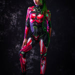 Red Android Halloween costume for women, featuring a full-body robotic catsuit with cyberpunk elements, perfect for Halloween or cosplay events.