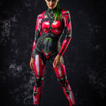 Red Android Halloween costume for women, featuring a full-body robotic catsuit with cyberpunk elements, perfect for Halloween or cosplay events.