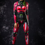 Red Android Halloween costume for women, featuring a full-body robotic catsuit with cyberpunk elements, perfect for Halloween or cosplay events.