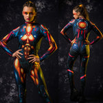 Woman wearing the Graphite Gold Cyber Hero costume, a full-body cyborg suit with a futuristic design, great for Halloween or sci-fi cosplay.