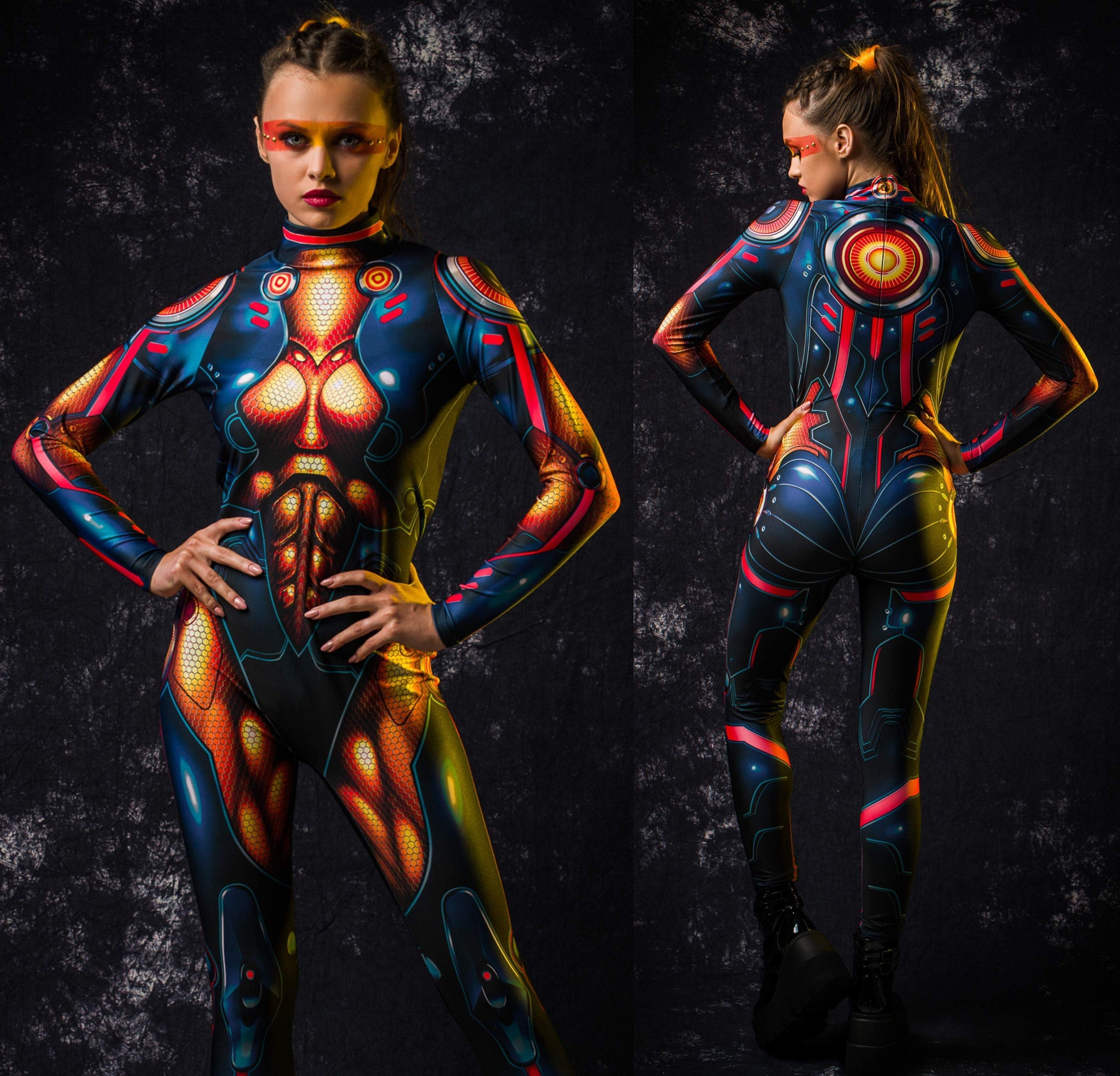 Woman wearing the Graphite Gold Cyber Hero costume, a full-body cyborg suit with a futuristic design, great for Halloween or sci-fi cosplay.