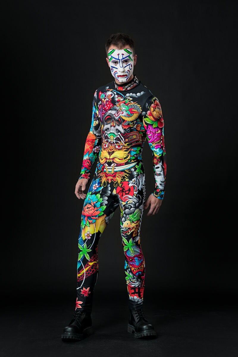 Man posing in the Yakuza Halloween costume, highlighting the Japanese-inspired design and tattoo-style details, great for Halloween or as a statement cosplay outfit.