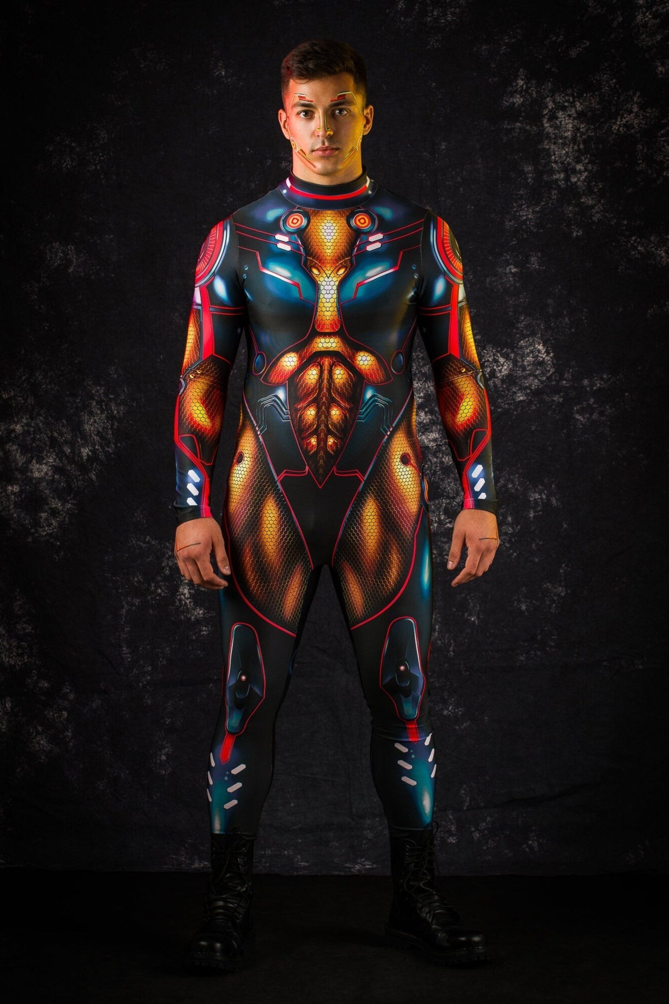 Graphite Cyber Hero Halloween costume for men, featuring a full-body robotic design with gold accents, perfect for Halloween parties or cosplay events.