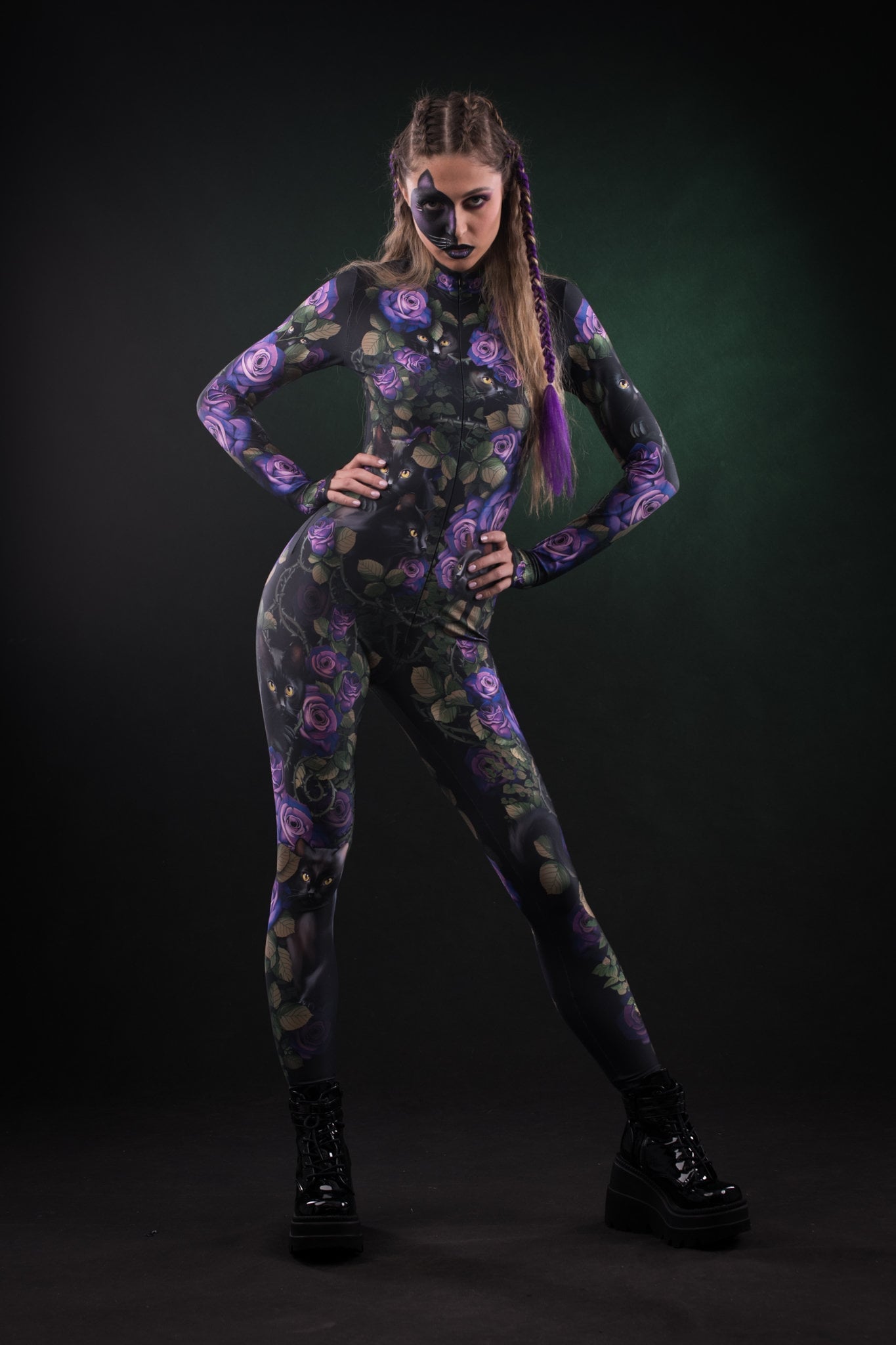 Mystic Cats Halloween costume for women, featuring a full-body catsuit with a cats and roses design and tattoo effect on the back, perfect for Halloween or cosplay events.