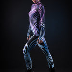 Woman posing in the Purple Spiral costume, showcasing the 3D spiral effect and vibrant purple design, great for Halloween or as a standout festival outfit.